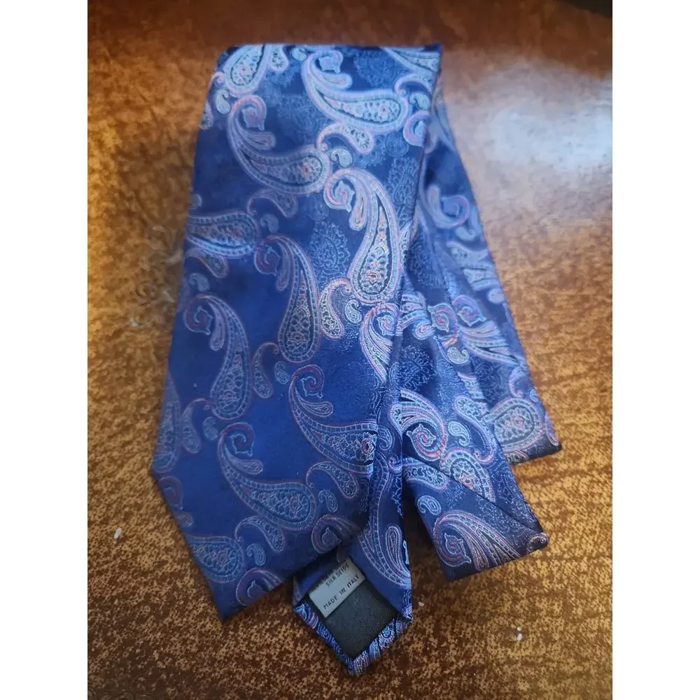 Men’s Canali Tie 100% Silk Made In Italy Blue Silver Paisley